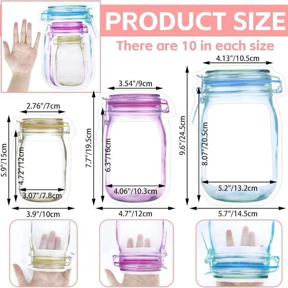 30 PCS Multi-Size Mason Jar Bottle Pattern Zipper Bags,Reusable Airtight Seal Le
